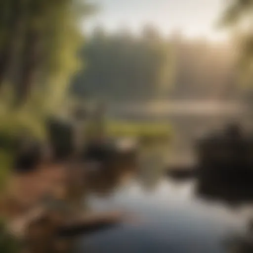 A serene lake at dawn, reflecting the morning light with fishing gear laid out on the shore.