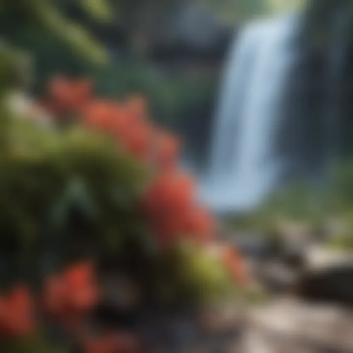 Close-up of vibrant flora surrounding a waterfall