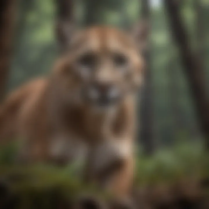 Mountain lion stealthily navigating through dense forest