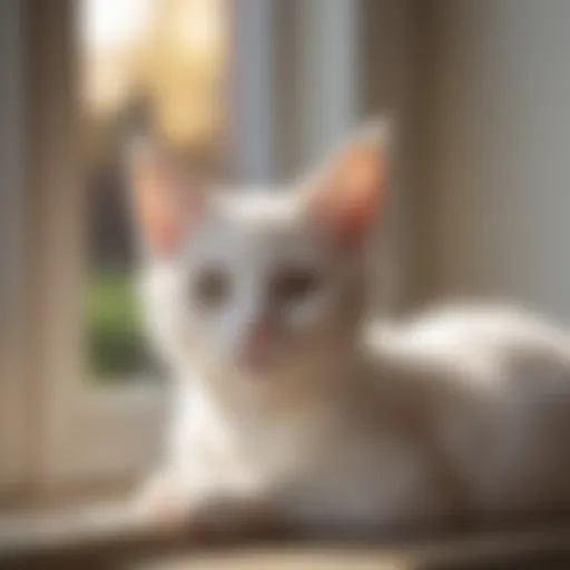 A serene white female kitten lounging on a windowsill, basking in soft sunlight