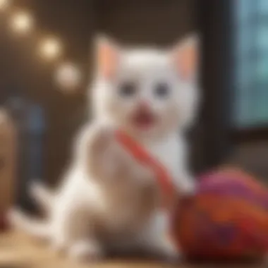 A playful white kitten reaching for a colorful yarn ball, symbolizing fun and energy