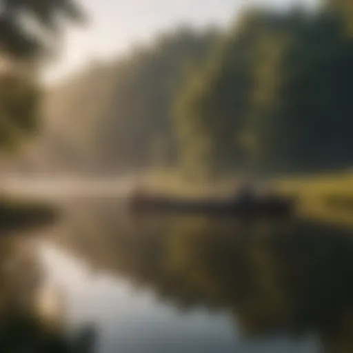 A tranquil lake at sunrise with anglers fishing