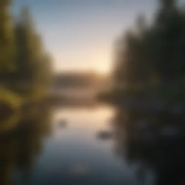 Serene Lake for a Tranquil Fishing Experience A serene lake reflecting the sunset, ideal for fishing