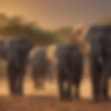 A herd of elephants migrating across the savannah during sunset