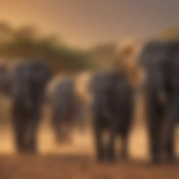 A herd of elephants migrating across the savannah during sunset