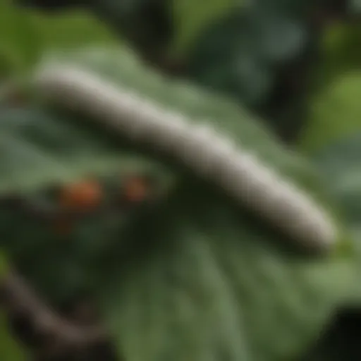 A close-up view of silkworms on a mulberry leaf, showcasing their natural habitat and feeding behavior.