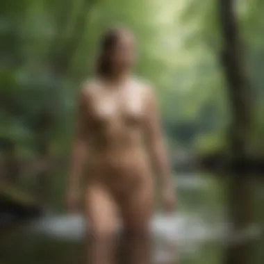 A modern digital montage illustrating the influence of social media on perceptions of nudity in nature.