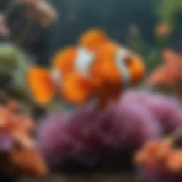A vibrant orange clownfish swimming among anemones