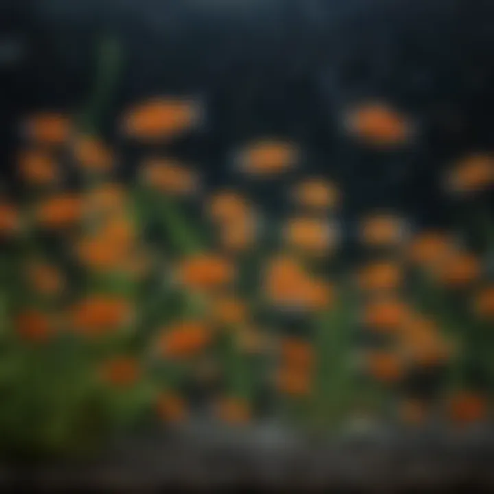 A school of orange guppy fish in a freshwater tank