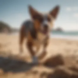 A dog joyfully digging in a sandy beach