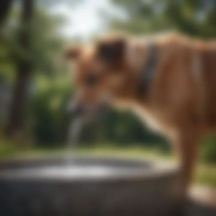 Happy dog drinking from a water fountain