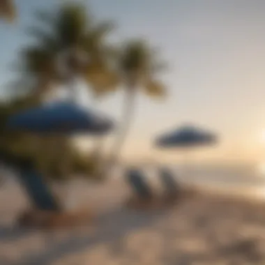 A peaceful beach scene with beachgoers relaxing under umbrellas