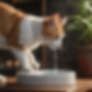 Elegant cat drinking fountain with flowing water