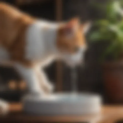 Elegant cat drinking fountain with flowing water