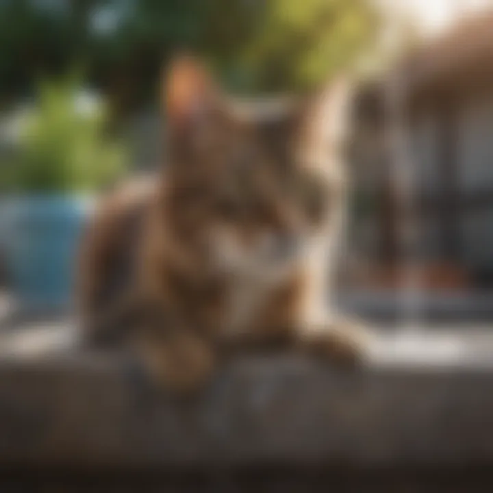 Healthy cat drinking from a modern fountain