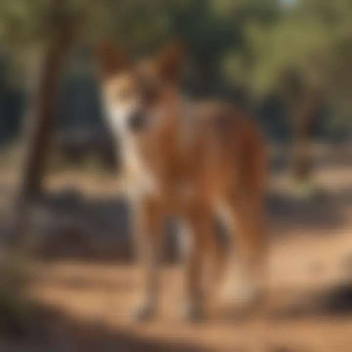 A scenic view of a dingo in its natural habitat, highlighting the rugged Australian terrain