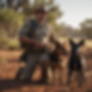 Cultural Connection: The Bond with Working Dogs An indigenous Australian celebrating a bond with their working dog in an outback setting