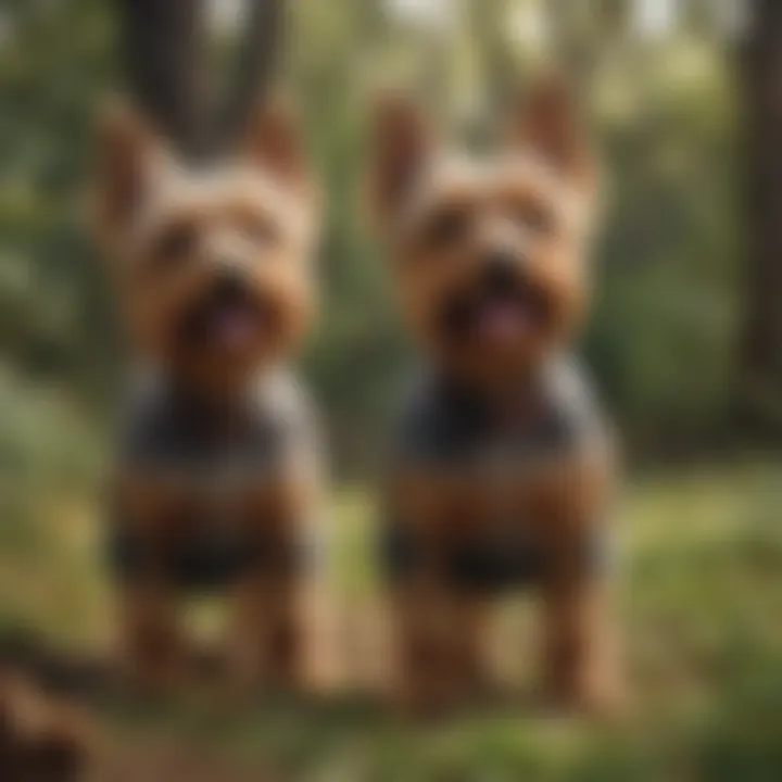 A group of Australian Silky Terriers playing together in a vibrant environment