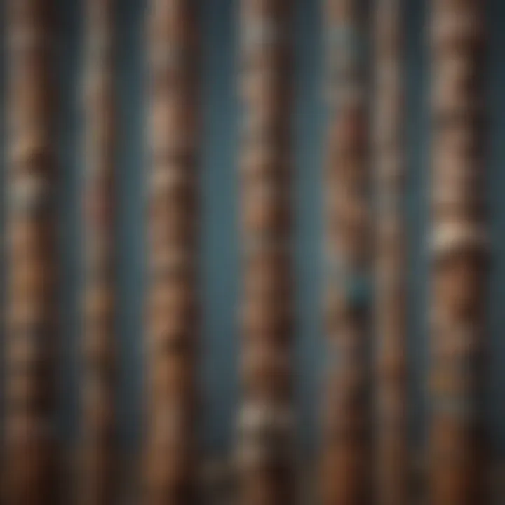 An abstract illustration of totem poles showcasing various animal representations