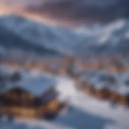 A stunning winter landscape showcasing a ski resort town nestled among snow-capped mountains.