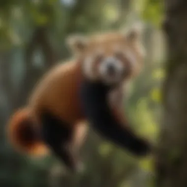 Agility in Action: The Climbing Skills of Red Pandas A red panda climbing skillfully on tree branches, illustrating its agility and playful spirit.
