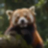 Red panda lounging on a tree branch, showcasing its striking fur and playful demeanor.