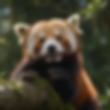 The Playful Nature of Red Pandas Red panda lounging on a tree branch, showcasing its striking fur and playful demeanor.
