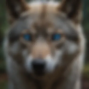 A wolf with striking blue eyes in the forest