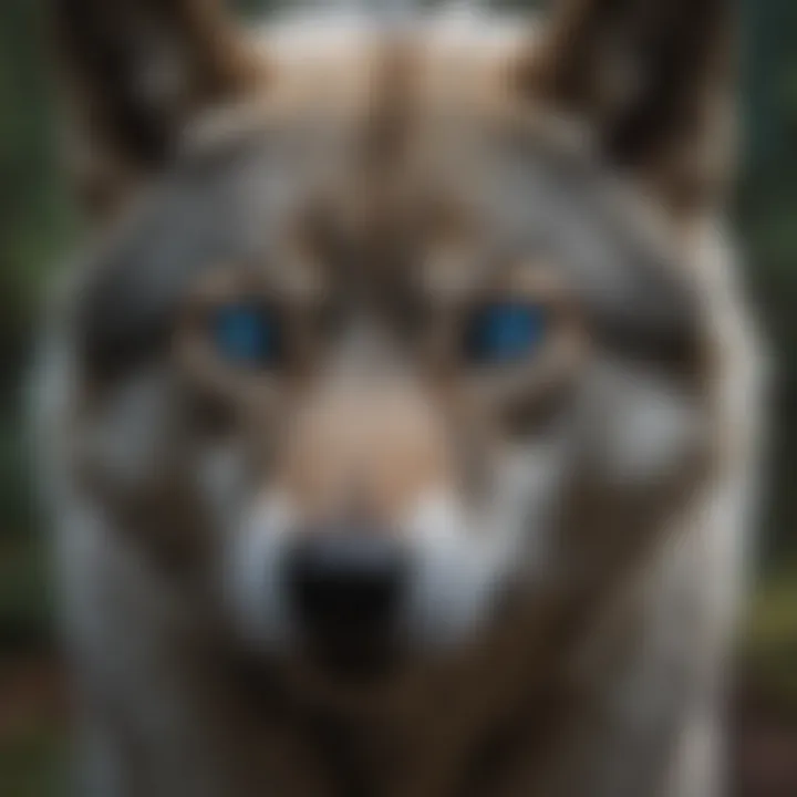 A wolf with striking blue eyes in the forest