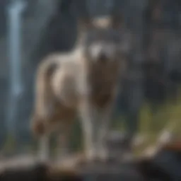 A majestic gray wolf standing on a rocky outcrop