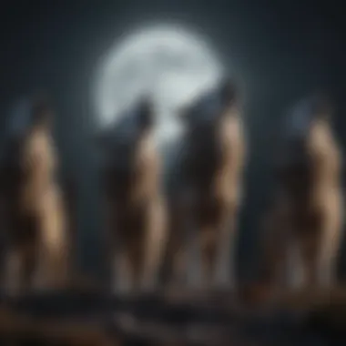 A pack of wolves howling under a full moon