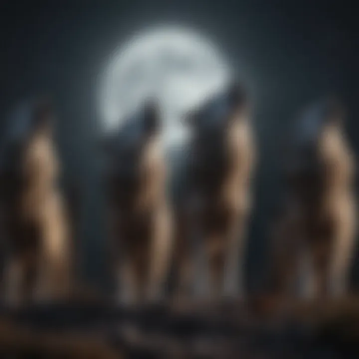 A pack of wolves howling under a full moon