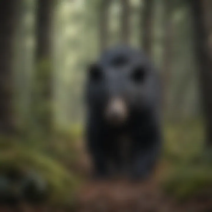 A black bear foraging for food in a dense forest
