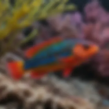 A vibrant wrasse fish displaying its unique colors and patterns in a coral reef habitat.