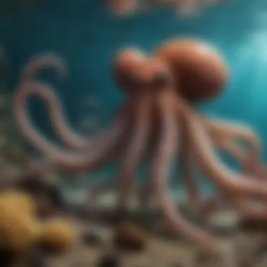 Octopus Interaction with Marine Life An underwater scene featuring an octopus interacting with its environment