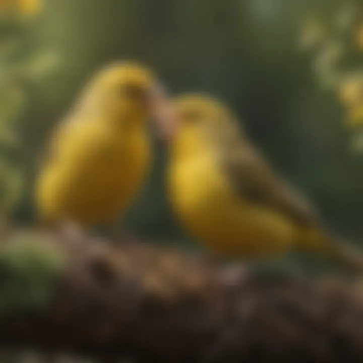 Illustration depicting the breeding practices of yellow bird finches in their natural setting.