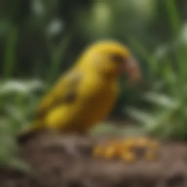 A yellow bird finch feeding on seeds in a lush green environment.