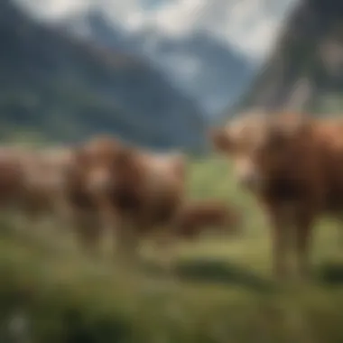 Long-haired cows in their natural habitat surrounded by mountains