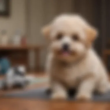 Maltipoo engaging in a training session with its owner