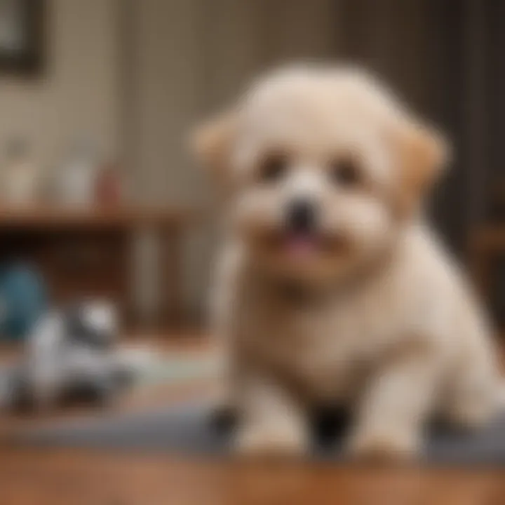Maltipoo engaging in a training session with its owner