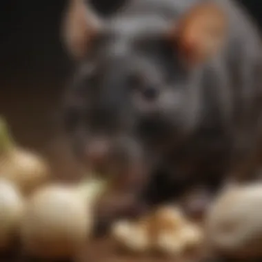 Close-up of a rat sniffing a garlic bulb