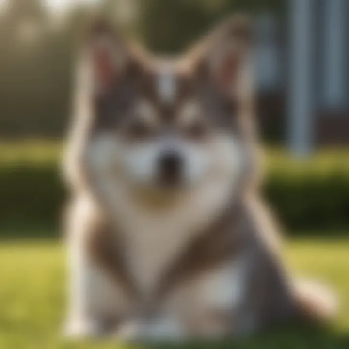 A well-groomed pomsky sitting elegantly on a lawn