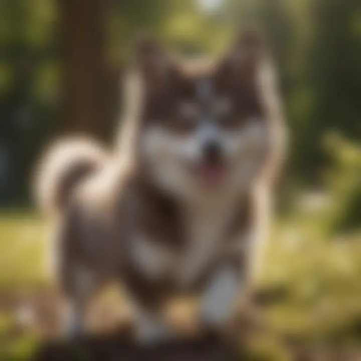 Pomsky playing joyfully in a vibrant outdoor setting