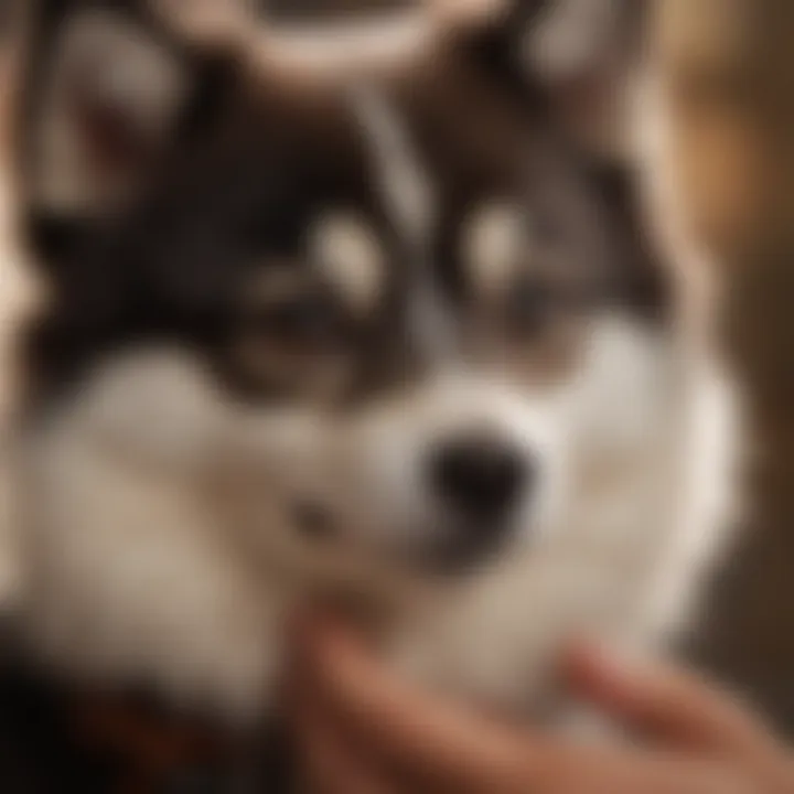 A close-up of a pomsky interacting with its owner