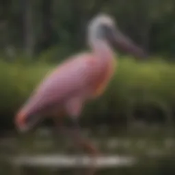 A vibrant roseate spoonbill wading in a wetland