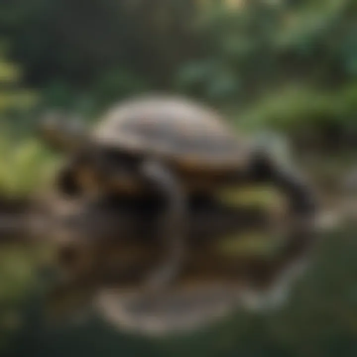 A diverse habitat featuring various species of turtles in their natural environment