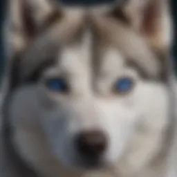 A close-up of a female Siberian Husky with striking blue eyes