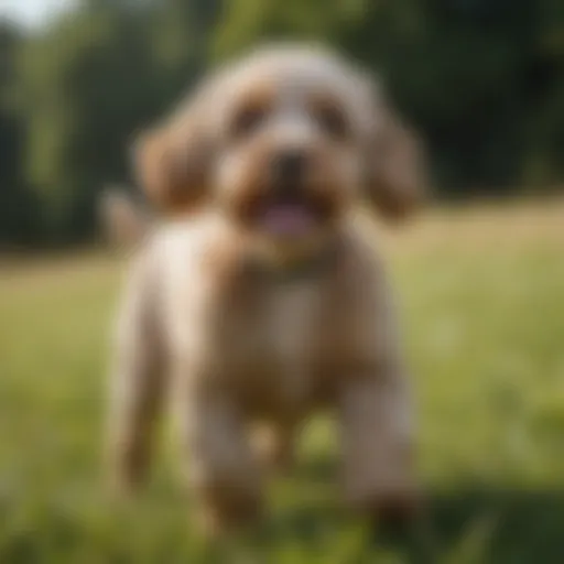 A playful Cockapoo with a shiny coat frolicking in a grassy field.