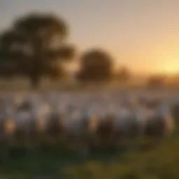 A serene pastoral landscape featuring a flock of sheep grazing under a golden sunset.