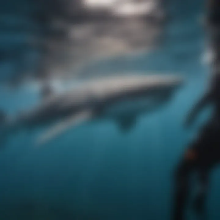 An underwater scene showcasing a group of snorkelers observing whale sharks